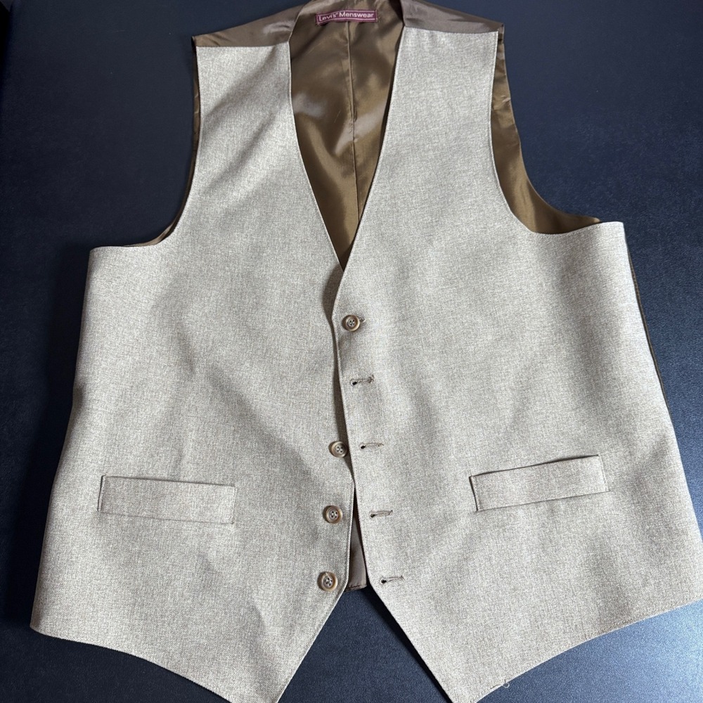 Levis Menswear Suit Vest Mens‎ L Beige Solid Vintage Formal Waistcoat 1636